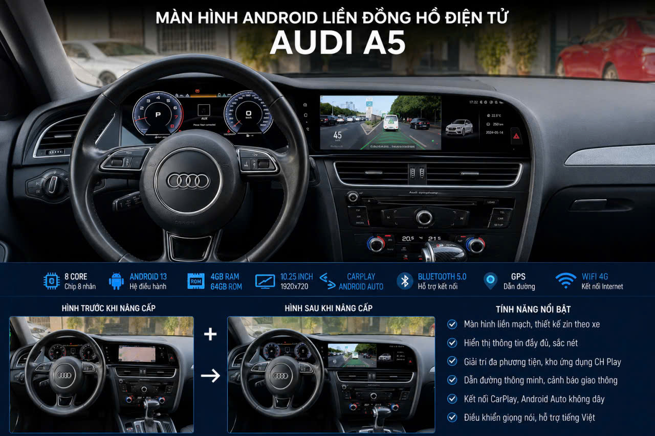 Màn hình android liền đồng hồ điện tử xe audi A5